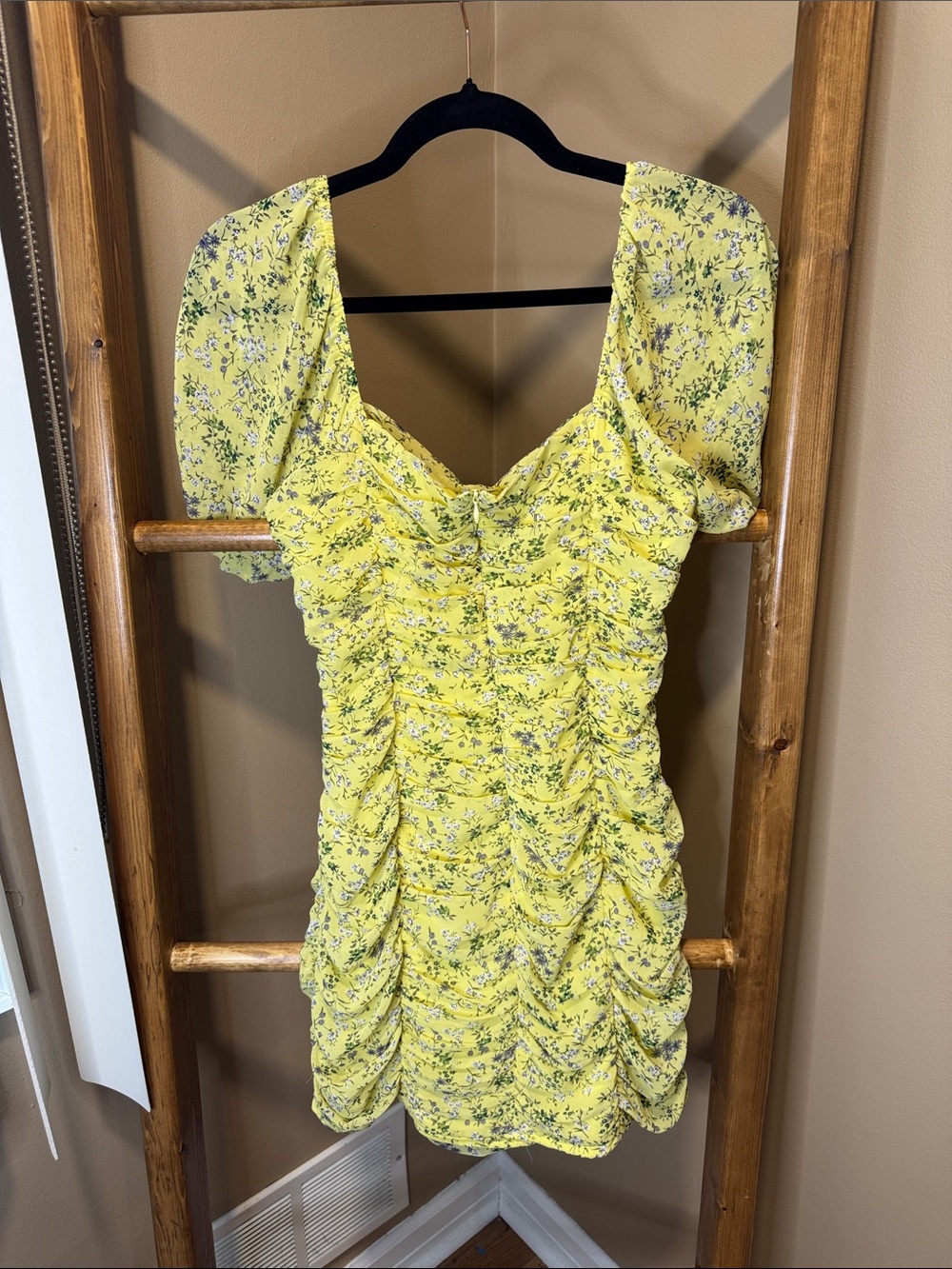 Yellow Floral Ruched Mini Dress - Picture 2 of 2
